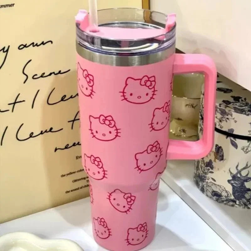 Kawaii Hello Kitty 40oz Stainless Steel Vacuum Cup Anime with Handle Straw Cup Coffee Cup with Packaging Box Quick Delivery