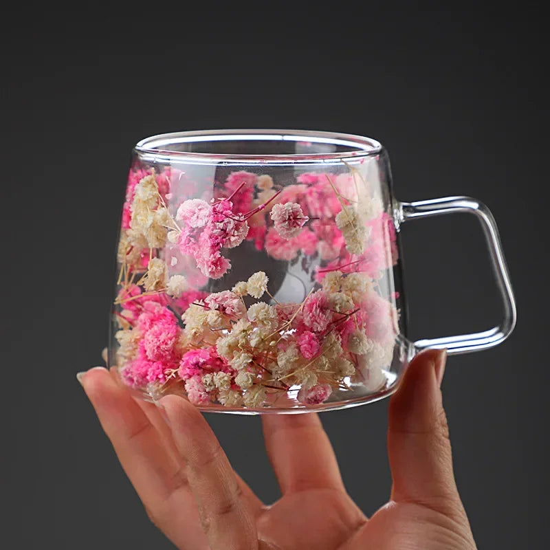 Double Wall Glass Cup 200ml Clear Flowers Pattern Milk Tea Coffee Mug with Handle Gifts Friends Home Water Cup Drinking Glasses