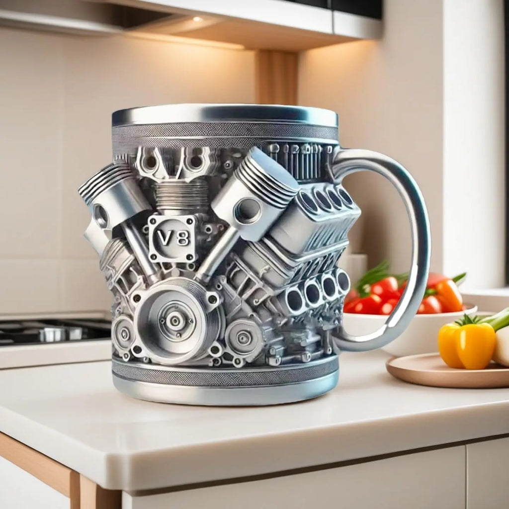 V8 Engines Stainless Steel Cup,Personalized Coffee Mug with Insulated Handle,Perfect for Car Lovers Gifts,Mechanics, Birthday