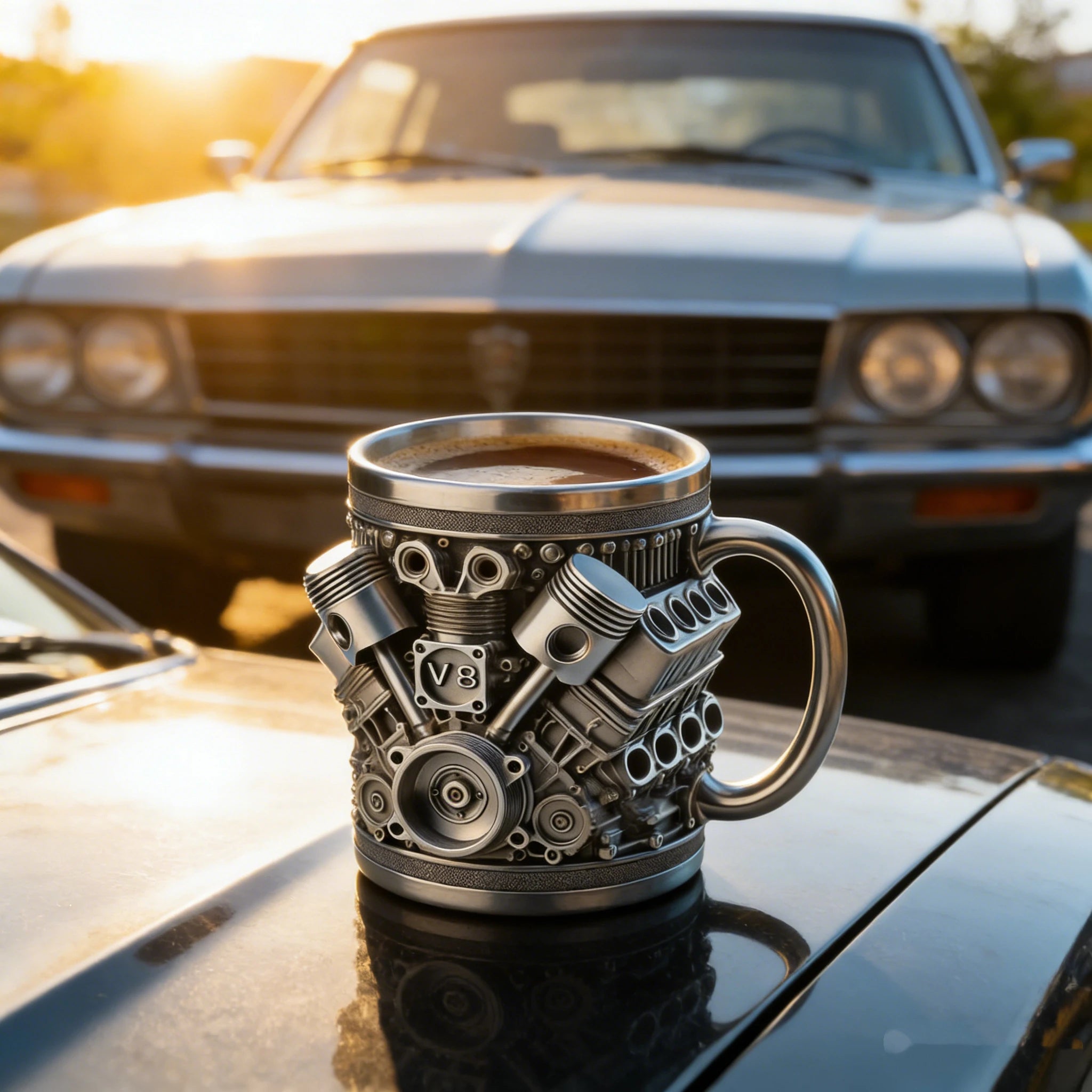 V8 Engines Stainless Steel Cup,Personalized Coffee Mug with Insulated Handle,Perfect for Car Lovers Gifts,Mechanics, Birthday