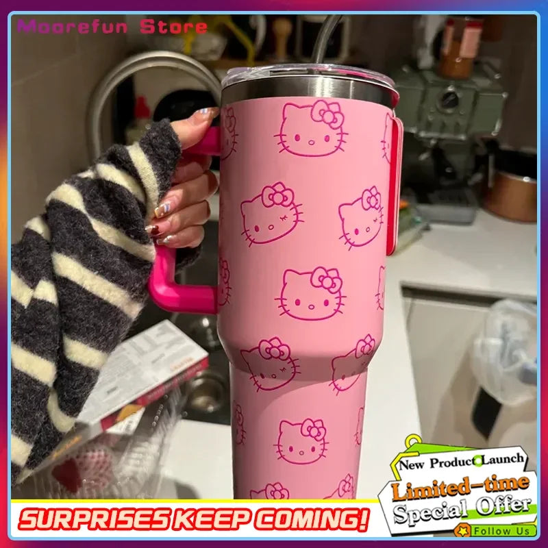 Kawaii Hello Kitty 40oz Stainless Steel Vacuum Cup Anime with Handle Straw Cup Coffee Cup with Packaging Box Quick Delivery
