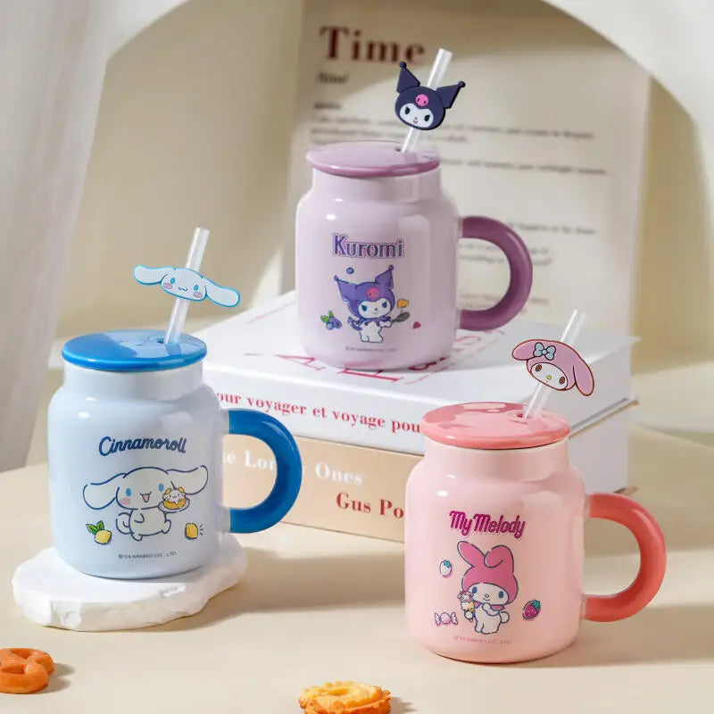 400Ml Sanrio Kuromi Ceramic Mug Large Capacity Kawaii Cup with Lid and Straw Coffee Household Breakfast Milk Birthday Gift Cups