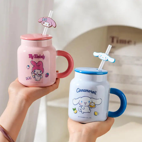 400Ml Sanrio Kuromi Ceramic Mug Large Capacity Kawaii Cup with Lid and Straw Coffee Household Breakfast Milk Birthday Gift Cups