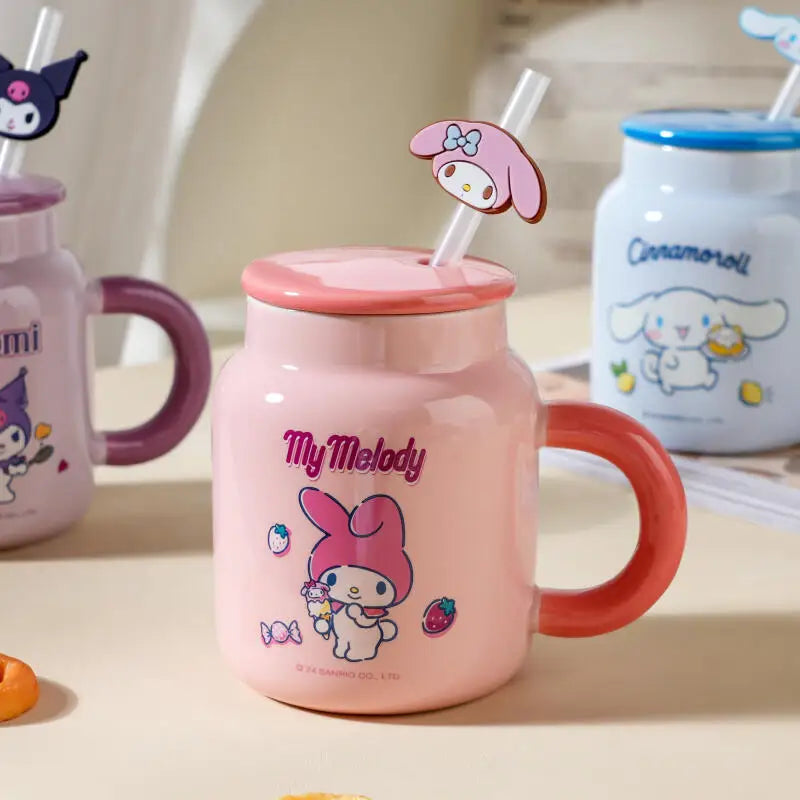 400Ml Sanrio Kuromi Ceramic Mug Large Capacity Kawaii Cup with Lid and Straw Coffee Household Breakfast Milk Birthday Gift Cups